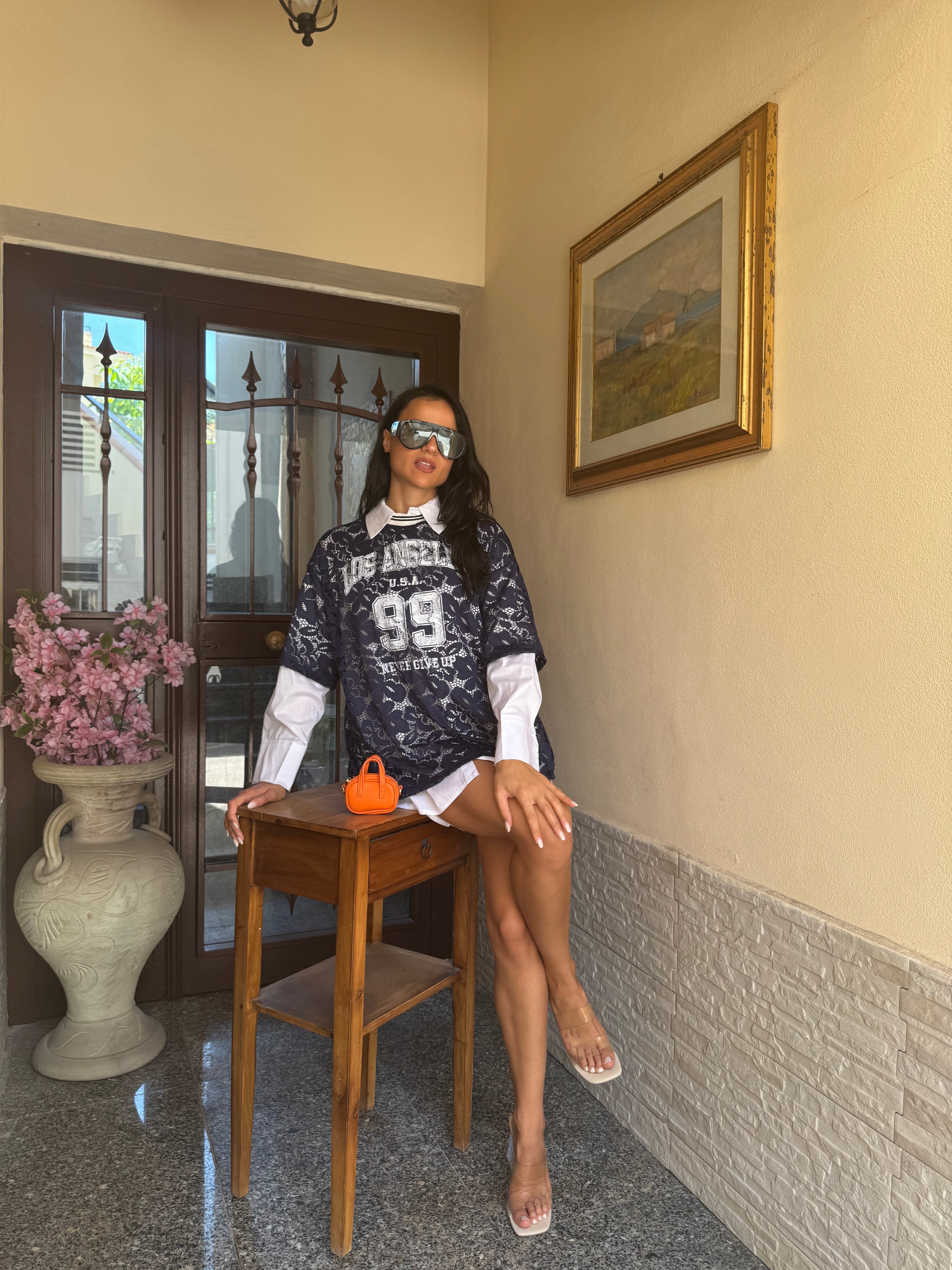 T-shirt camicia lace blu