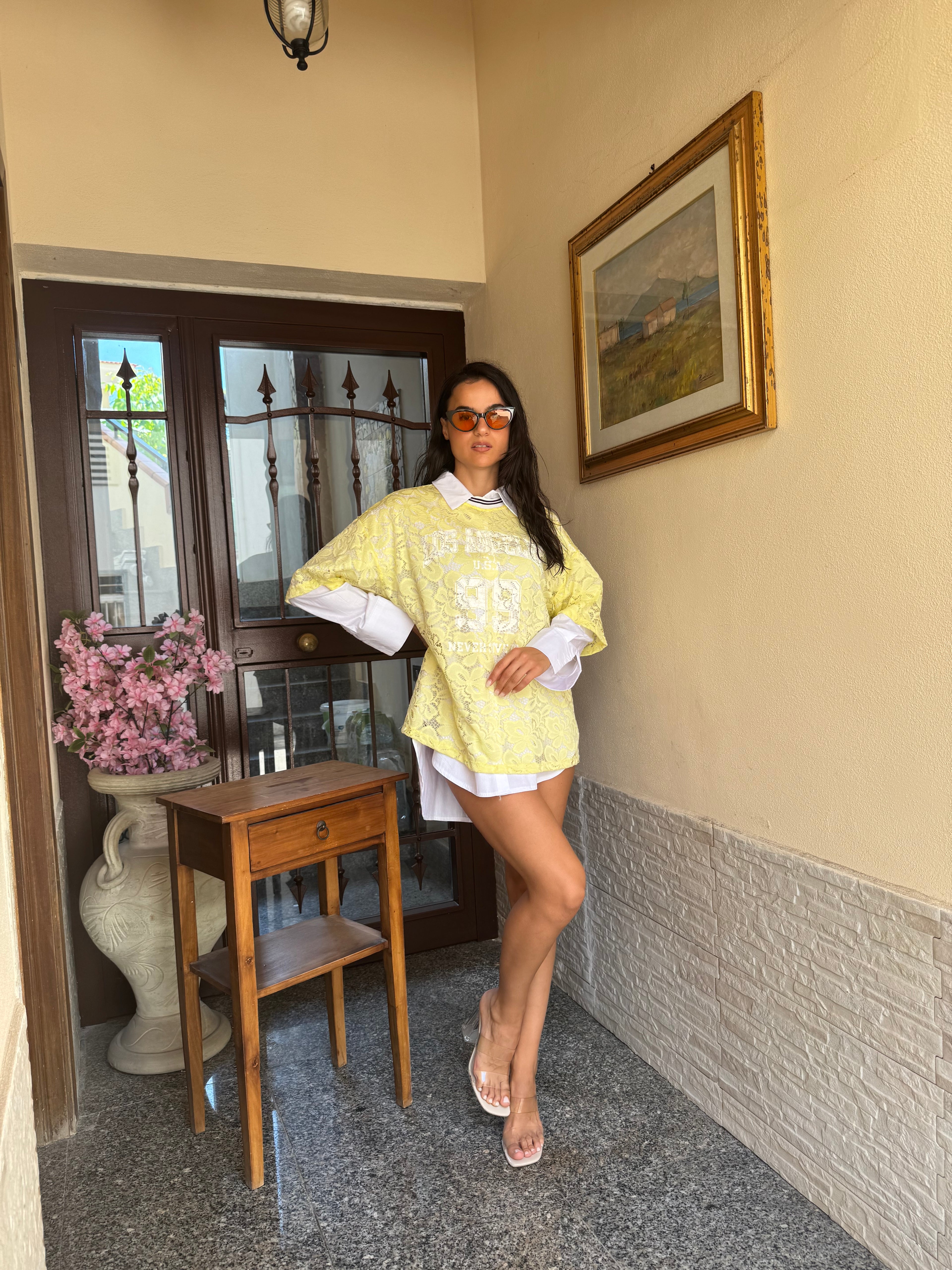 T-shirt camicia lace gialla