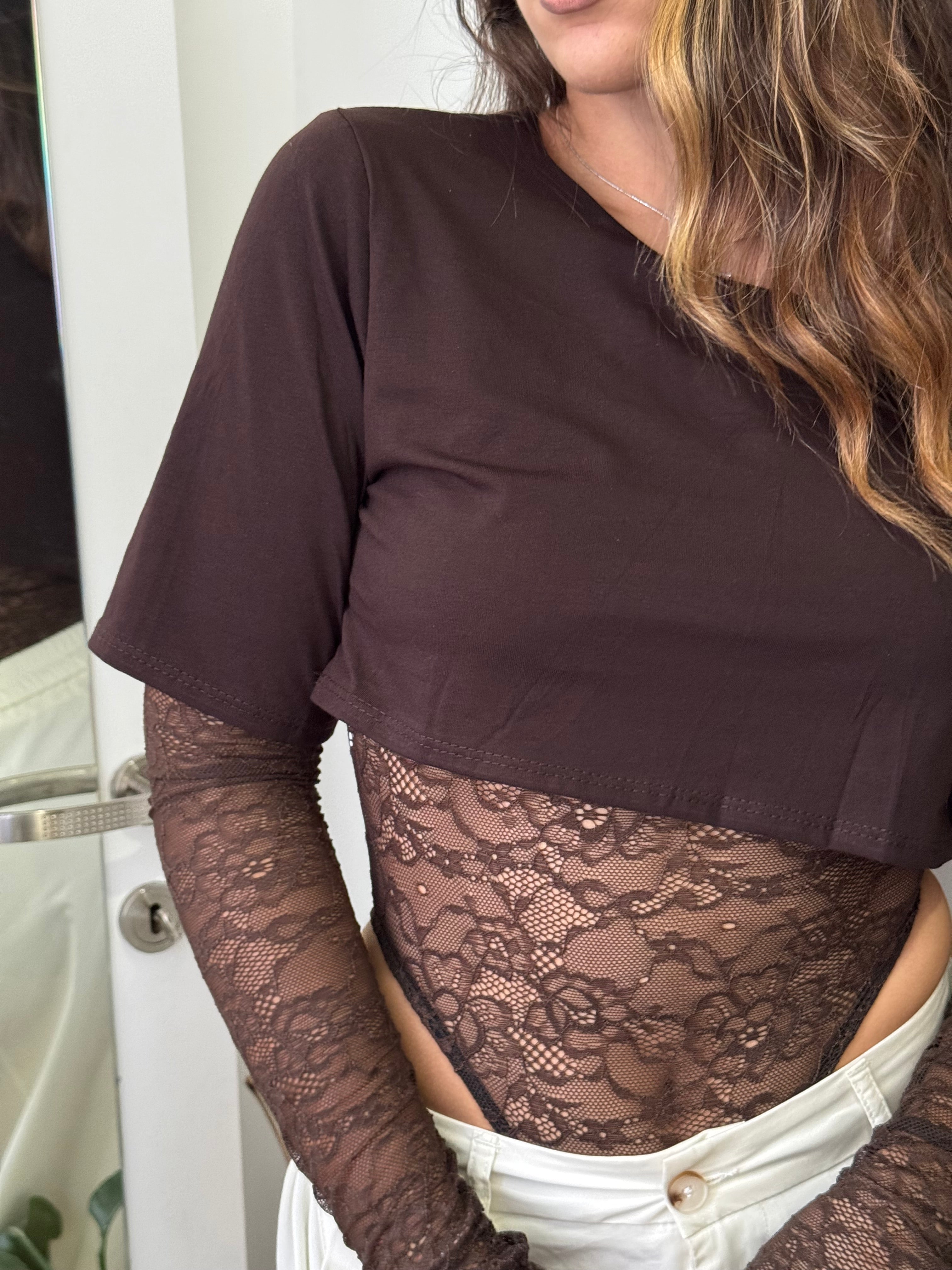 T-shirt body pizzo marrone - Wonderstyle