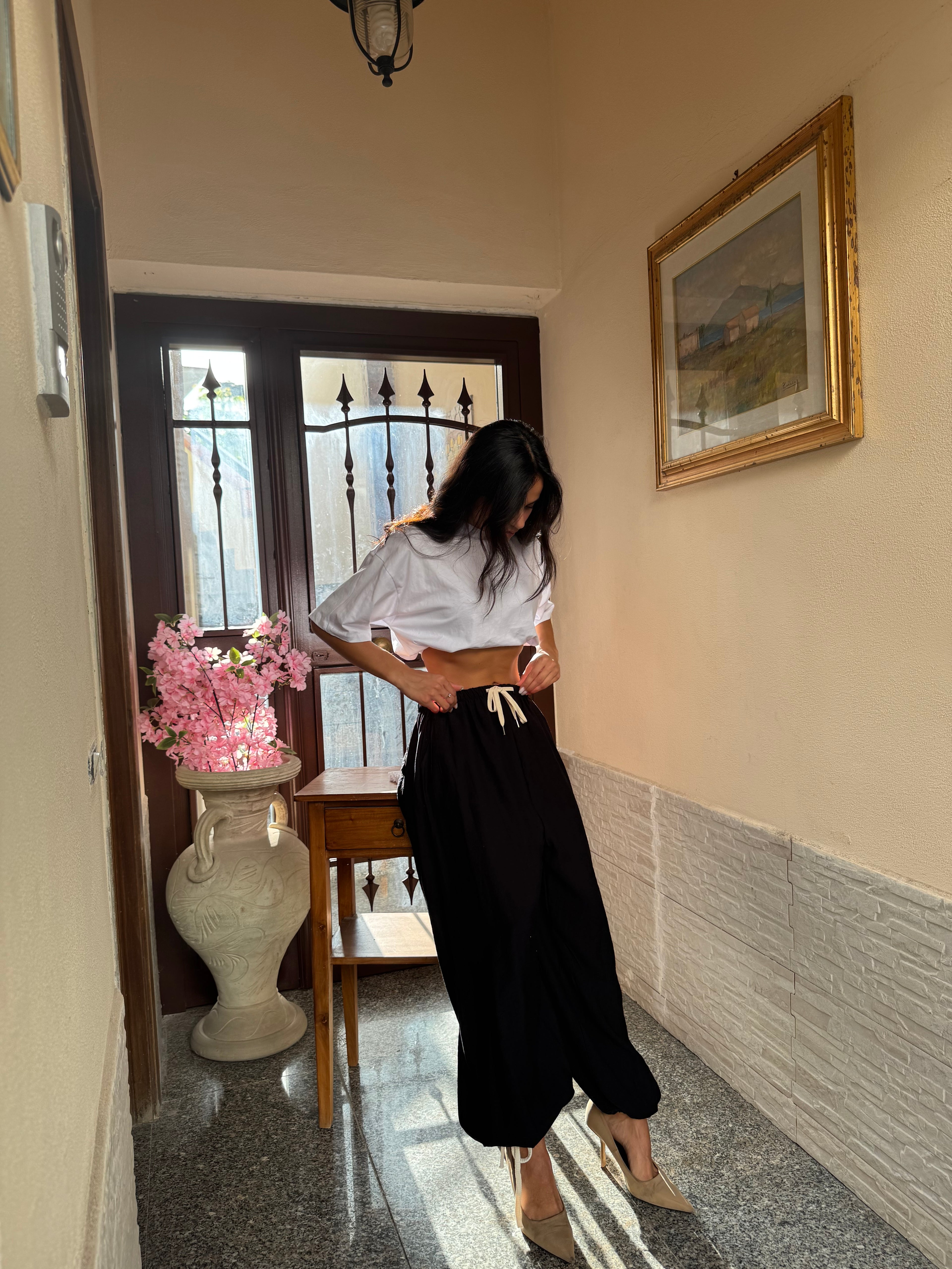 Pantalone balloon lino nero