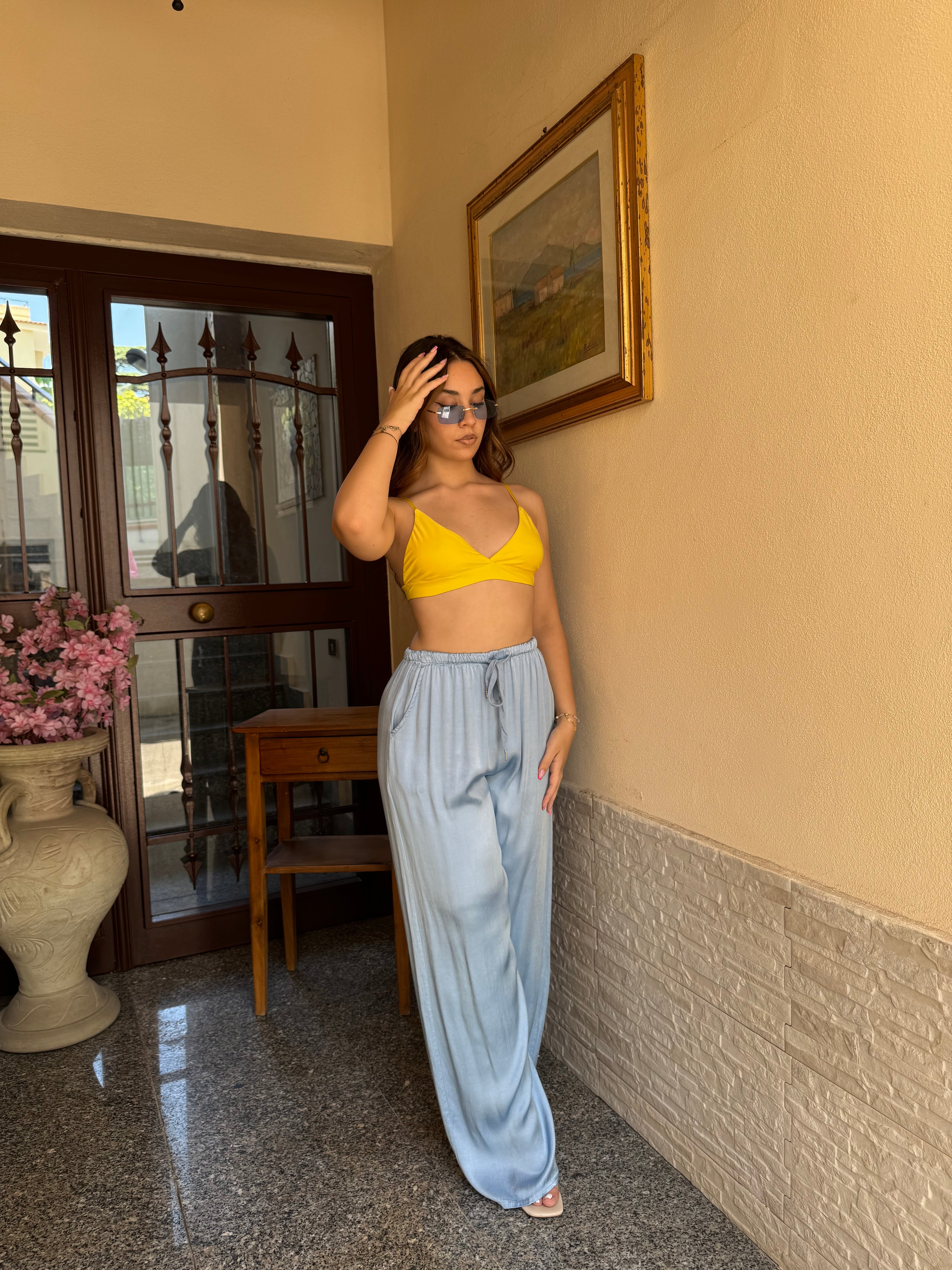 Pantalone satin celeste