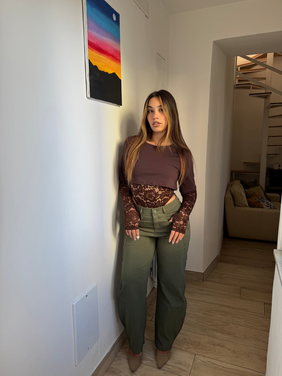 T-shirt body pizzo marrone