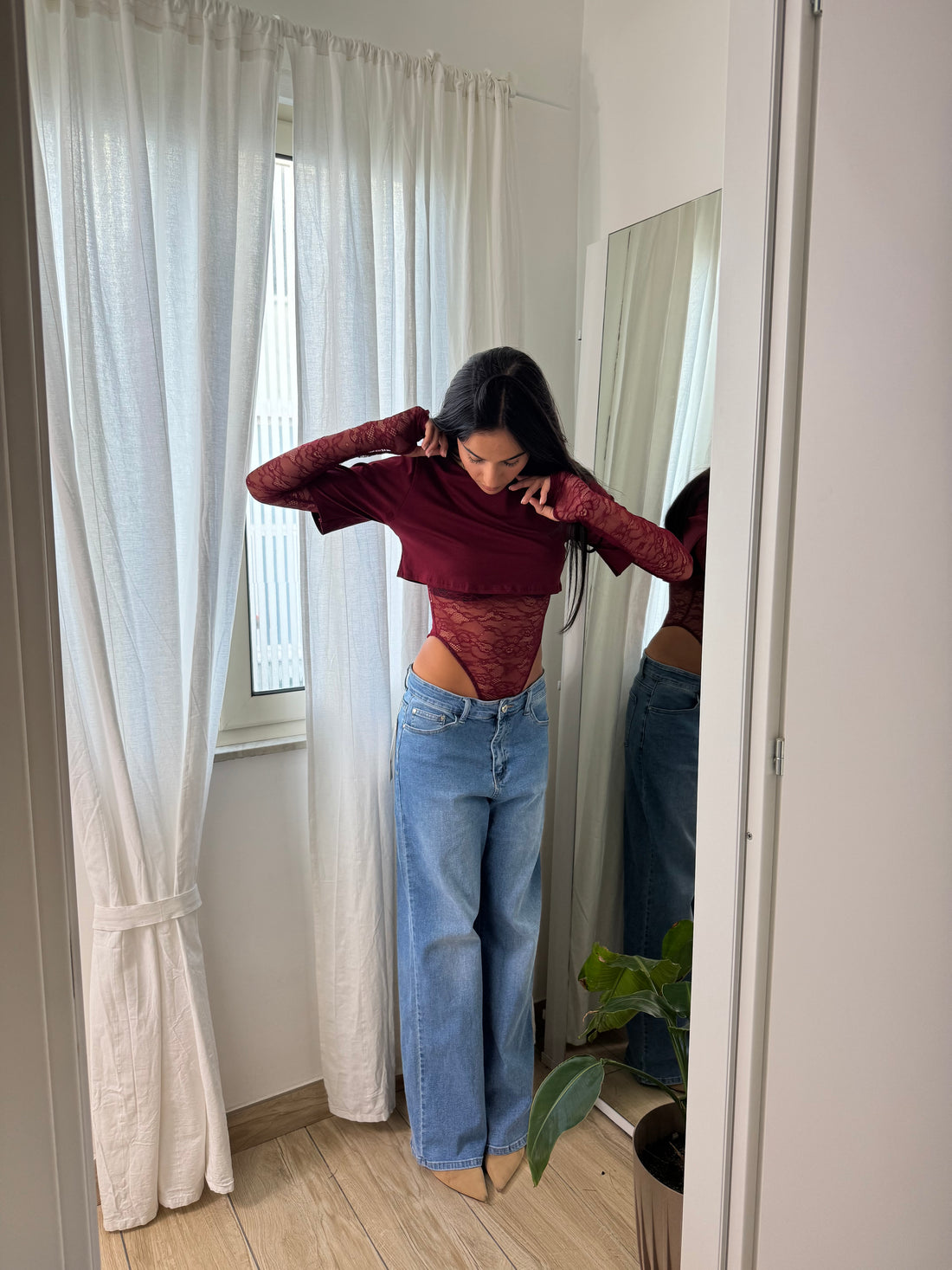 T-Shirt body pizzo bordeaux - Wonderstyle