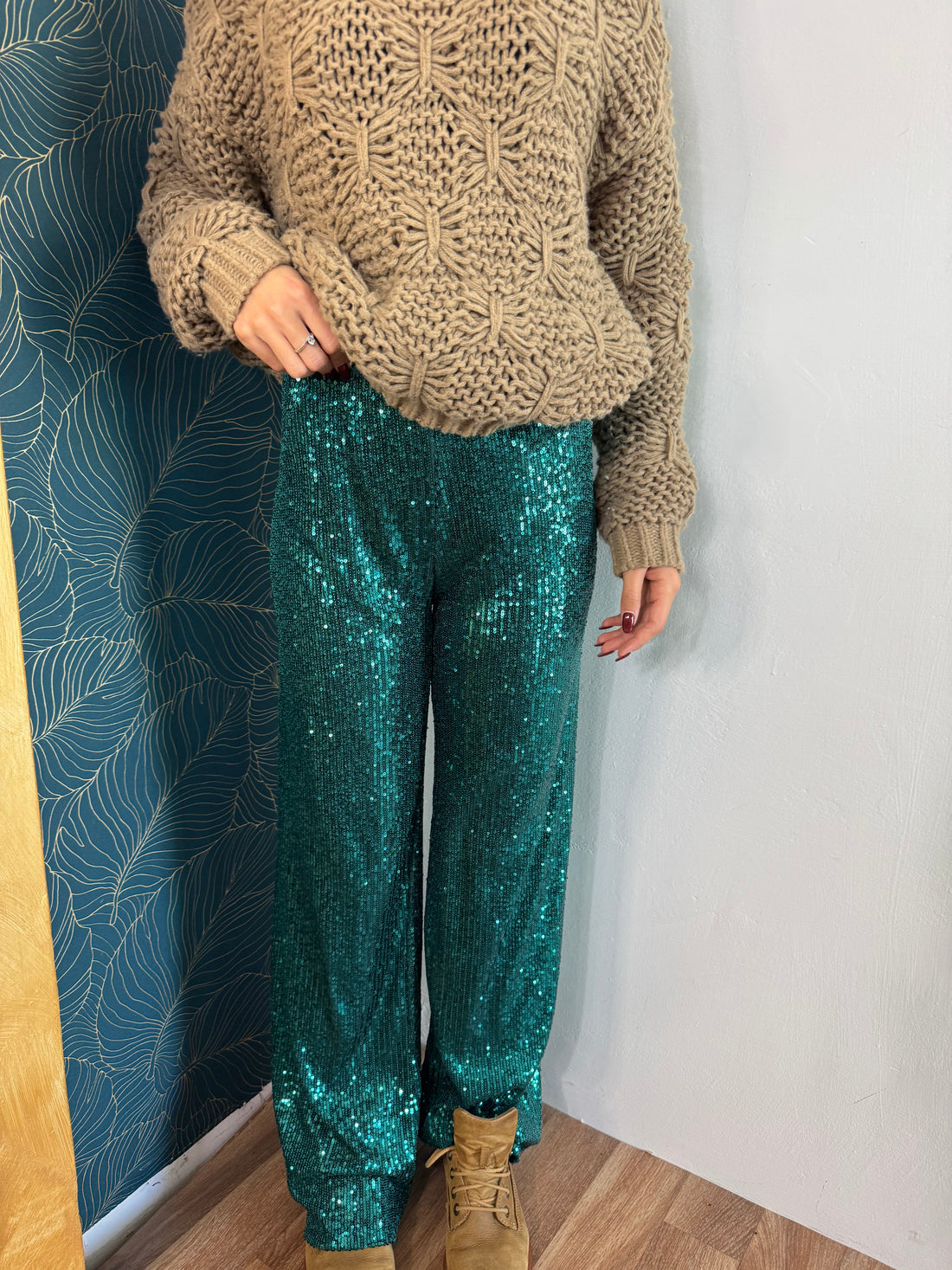 Pantalone paillettes petrolio