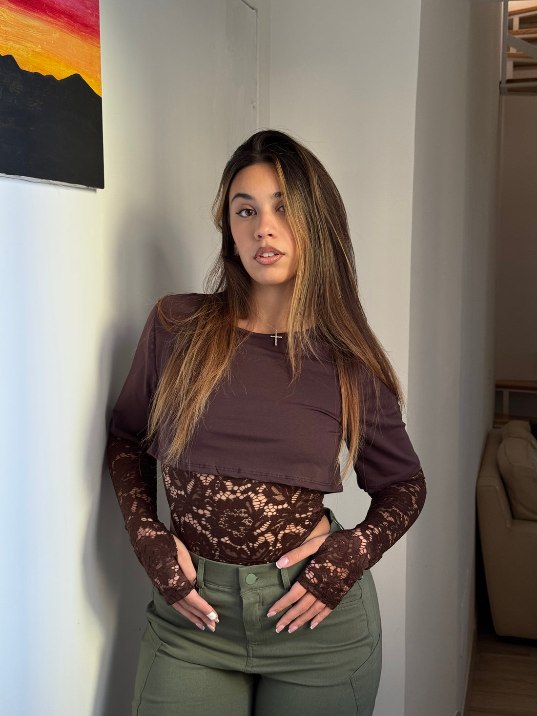 T-shirt body pizzo marrone