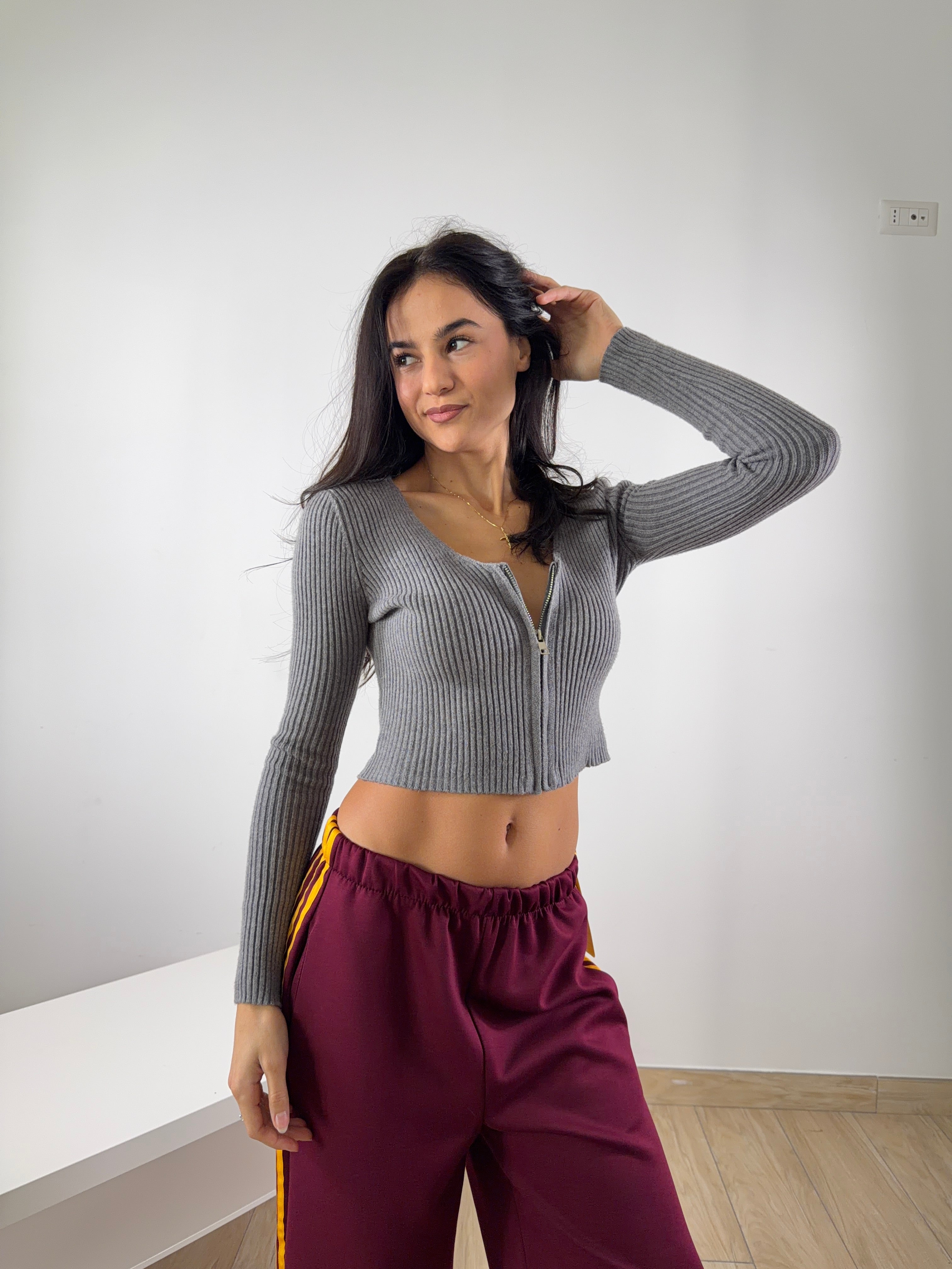 Cardigan Crop Zip Grigio