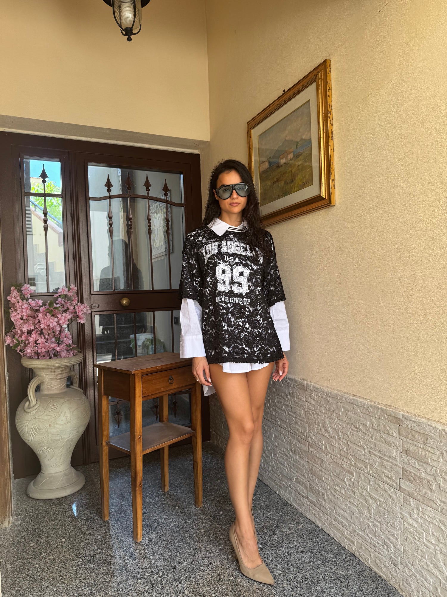 T-shirt camicia lace nera