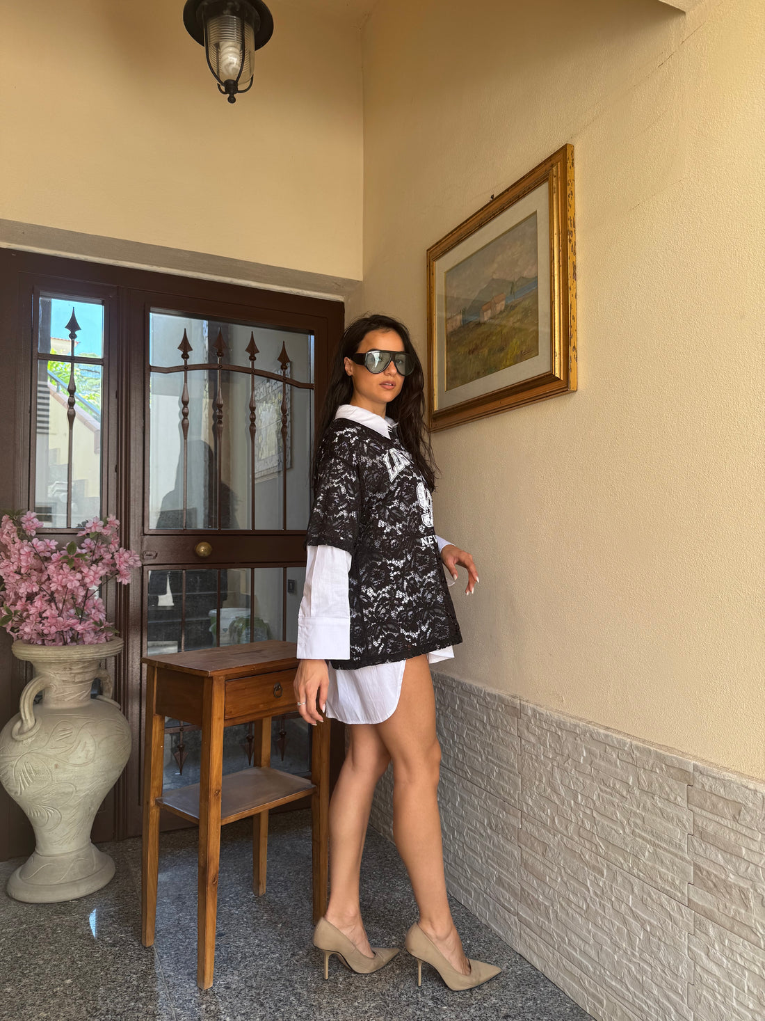 T-shirt camicia lace nera