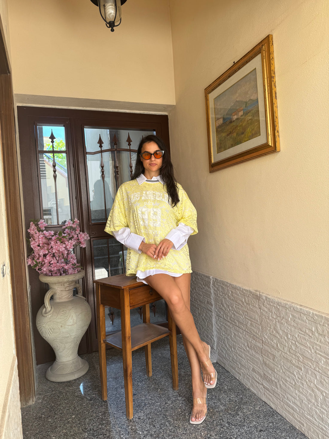 T-shirt camicia lace gialla