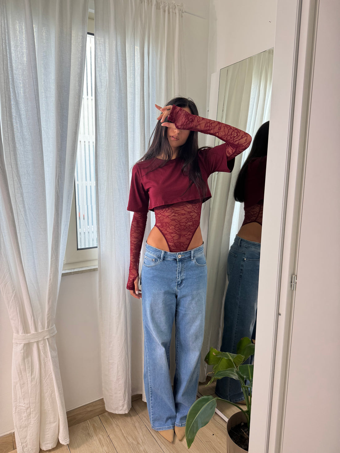 T-Shirt body pizzo bordeaux - Wonderstyle