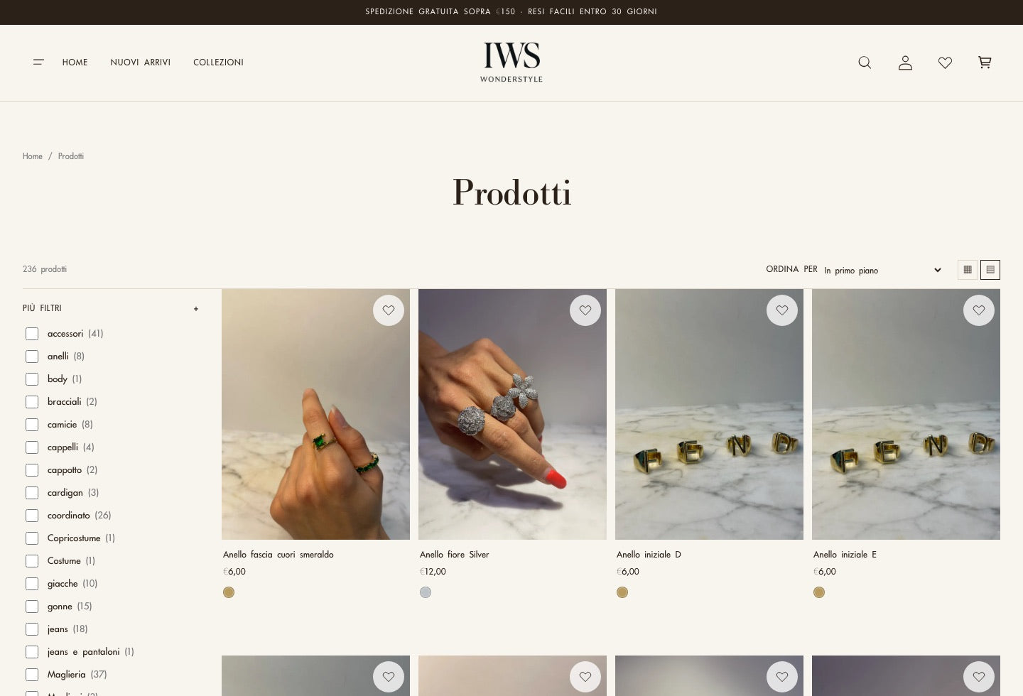Mockup collection page con filtri Shopify e product grid